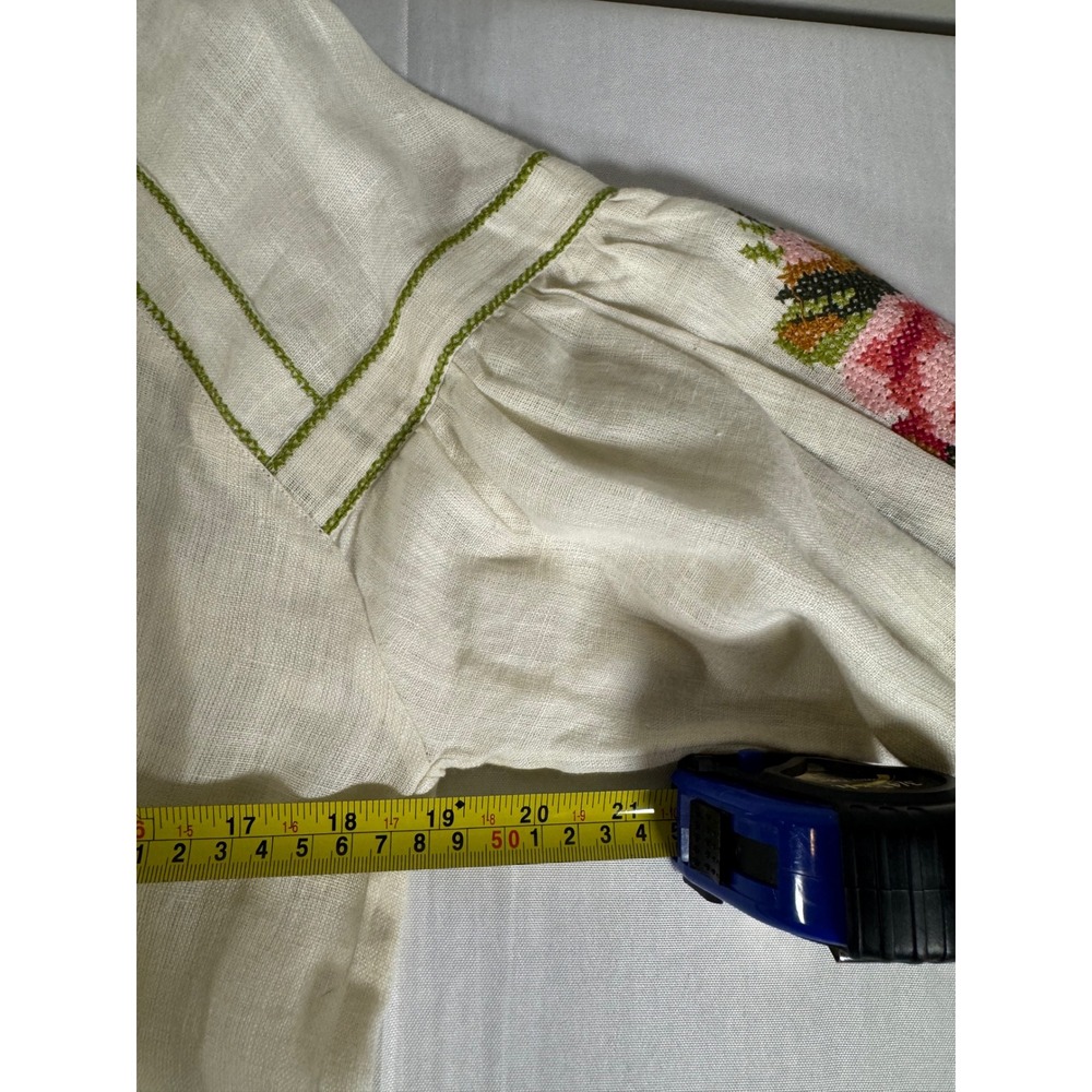 De Castro Linen Floral Embroidered Puff Sleeve Tunic Top Cream Green Small - Picture 5 of 8